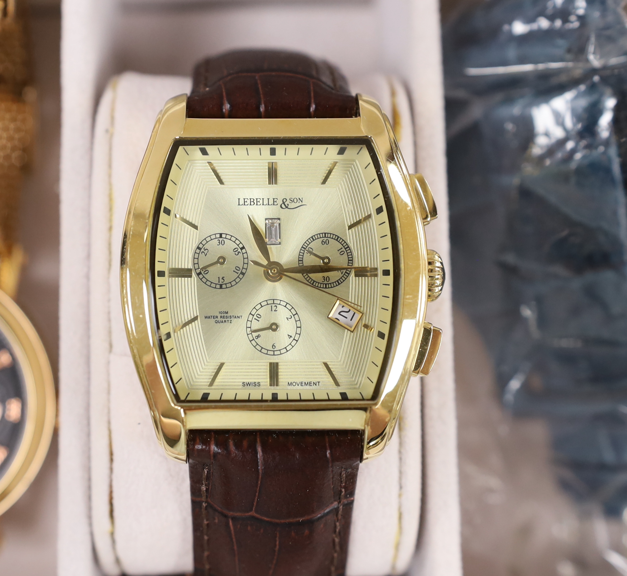 Five gentleman's assorted modern gilt metal or steel wrist watches, including Christin Lars, Labelle & Son, Bermuda Watch Co and Raoul U. Brawn and a lady's Strada quartz wrist watch.